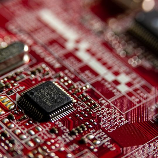 Close-up of a circuit board and microchip