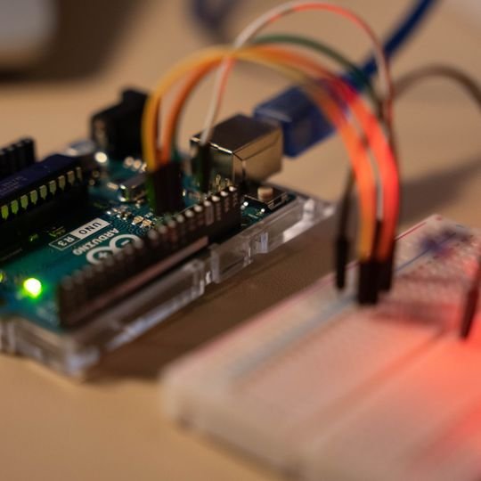 Arduino microcontroller wired on a breadboard